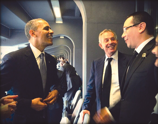 Romania PM Ponta with U.S. President Barak Obama (left) and former U.K. PM Tony Blair